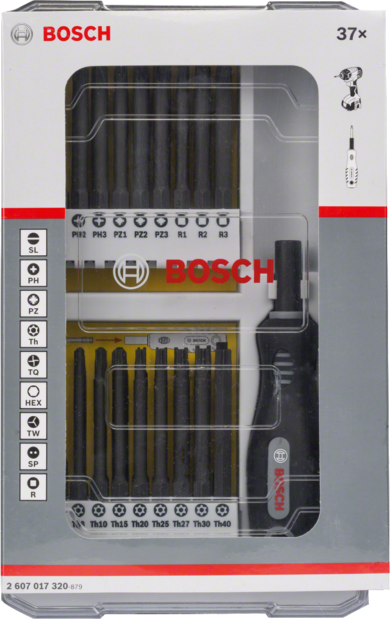 Bosch 37-teiliges Set mit Schrauberbits und Griff, PH, PZ, SL, TH, TQ, H, TW, SP, R und Bithalter