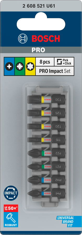 Bosch Pro Impact Bit Set, PH2 (x5), PZ2 (x5), T20 (x5), T25 (x5), T30 (x5), 25 mm, Display, 10 x 25-tlg.