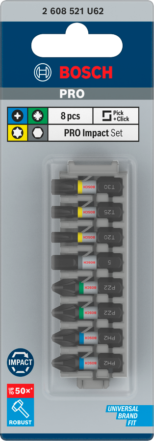 Bosch Pro Impact Bit Set, PH2 (x5), PZ2 (x5), T20 (x5), T25 (x5), T30 (x5), 25 mm, Display, 10 x 25-tlg.
