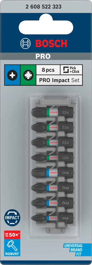 Bosch Pro Impact Bit Set, PH2 (x5), PZ2 (x5), T20 (x5), T25 (x5), T30 (x5), 25 mm, Display, 10 x 25-tlg.