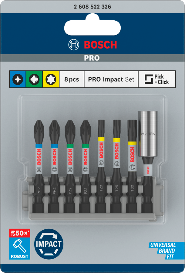 Bosch Pro Impact Set mit Standard-Bithalter und Pick and Click-Index, PH2 (2x), PZ2 (2x), T20, T25, T30, BH, 8-tlg.