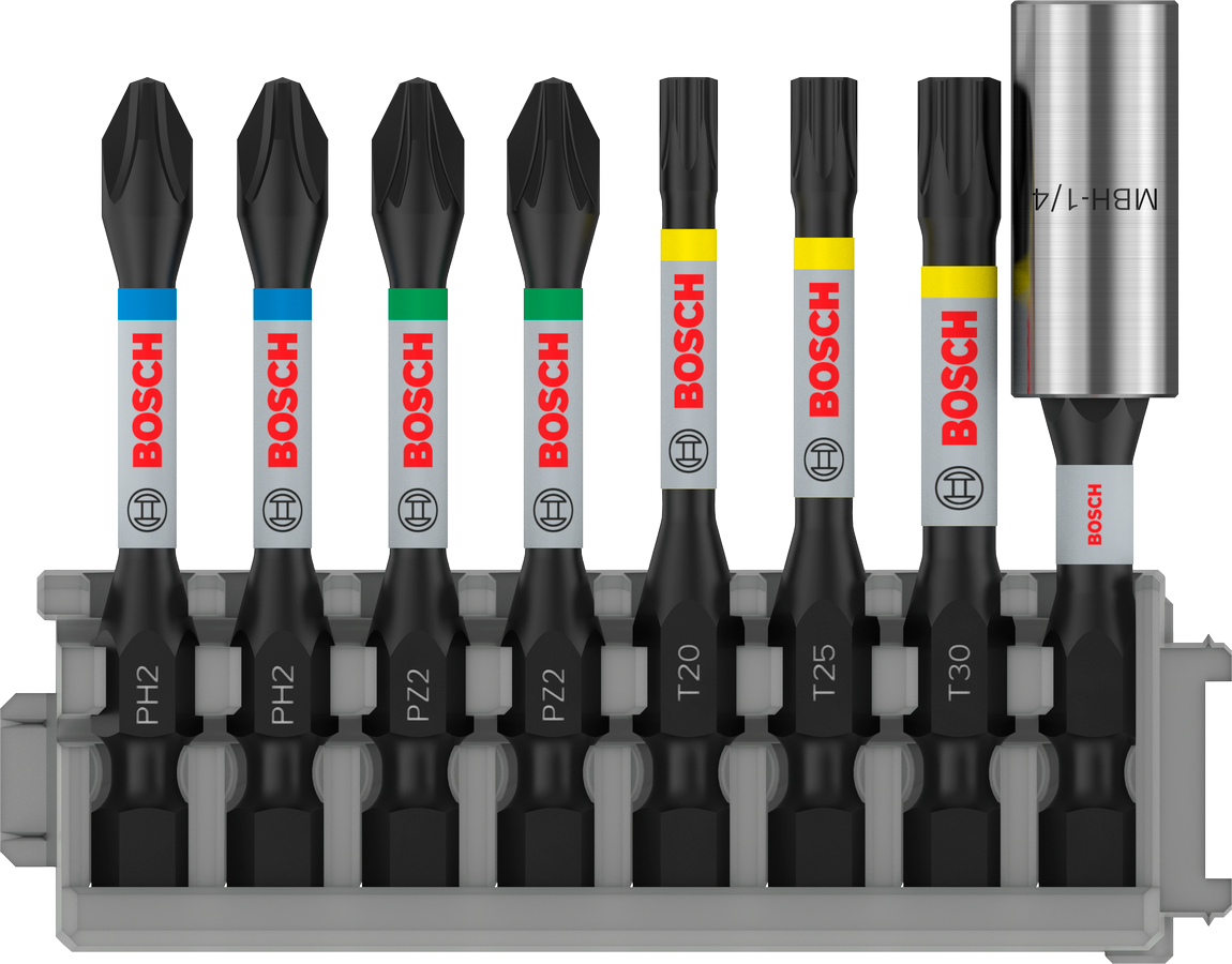 Bosch PRO Impact Set mit Standard-Bithalter und Pick and Click-Index, PH2 (2x), PZ2 (2x), T20, T25, T30, BH, 8-tlg.