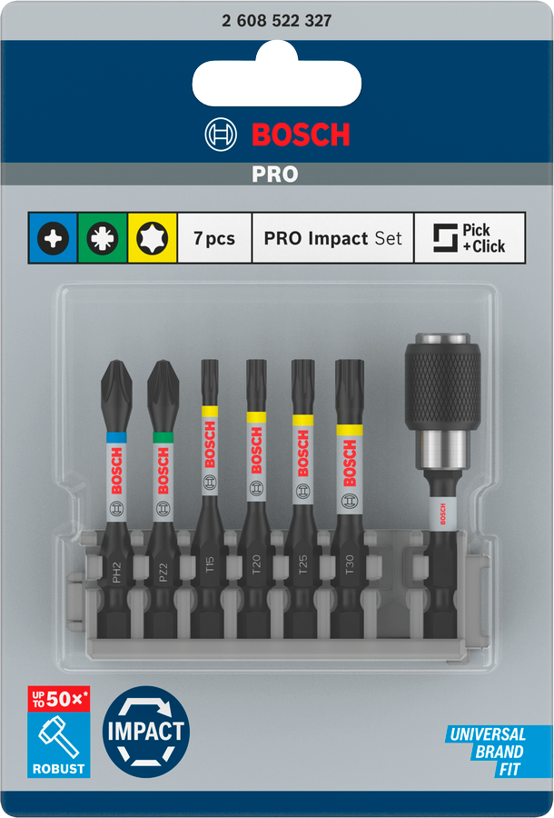 Bosch Pro Impact Set mit Quick Change-Bithalter und Pick and Click-Einsätzen, PH2, PZ2, T15, T20, T25, T30, QC BH, 50 mm, 8-tlg.
