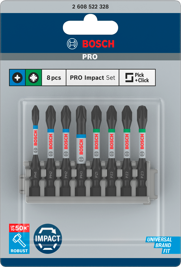Bosch Pro Impact Bit Set, PH2 (x5), PZ2 (x5), T20 (x5), T25 (x5), T30 (x5), 25 mm, Display, 10 x 25-tlg.