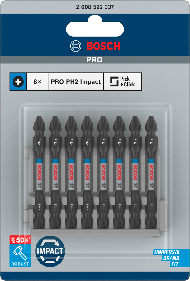 Bosch Pro Impact Schrauberbit mit Doppelklingen und Pick and Click-Einsätzen, PH2, 65 mm