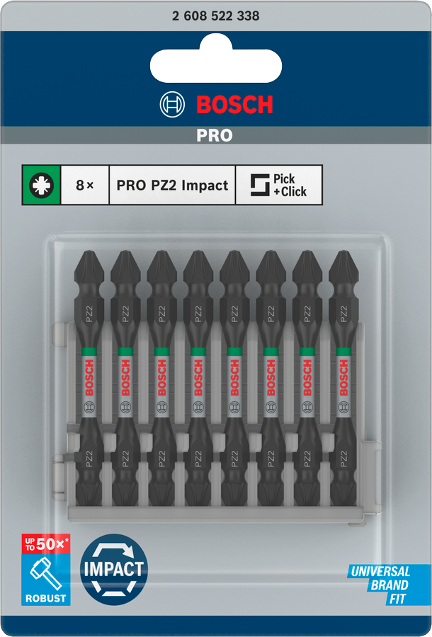 Bosch Pro Impact Schrauberbit mit Doppelklingen und Pick and Click-Einsätzen, PH2, 65 mm