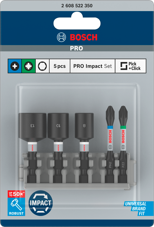 Bosch PRO Impact Set mit Steckschlüsseln und Pick and Click-Index, PH2x50, PZ2x50, NS8x50, NS10x50, NS13x50 mm, 5-tlg.