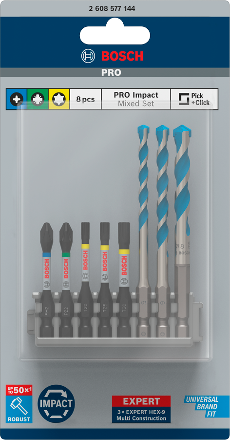 Bosch PRO Impact Set mit Multi Construction Bohrer und Pick and Click-Index, PH2 x 50 mm, PZ2 x 50 mm, T20 x 50 mm, T25 x 50 mm, T30 x 50 mm, MC 5/6/8 x 50 mm, 8‑tlg.