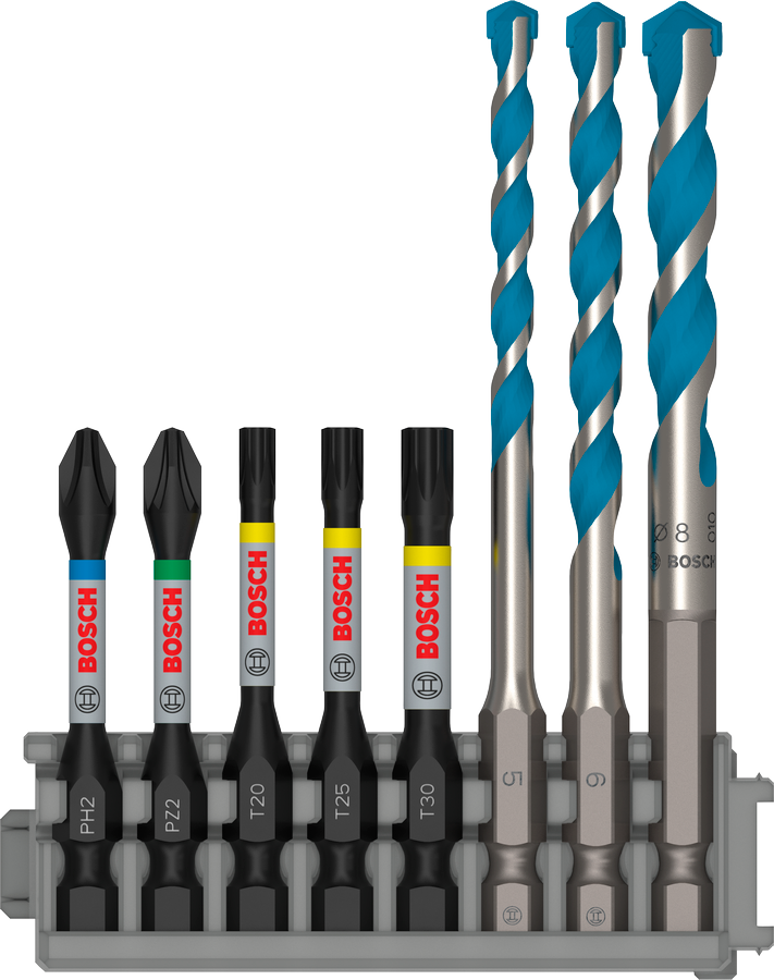Bosch PRO Impact Set mit Multi Construction Bohrer und Pick and Click-Index, PH2 x 50 mm, PZ2 x 50 mm, T20 x 50 mm, T25 x 50 mm, T30 x 50 mm, MC 5/6/8 x 50 mm, 8‑tlg.