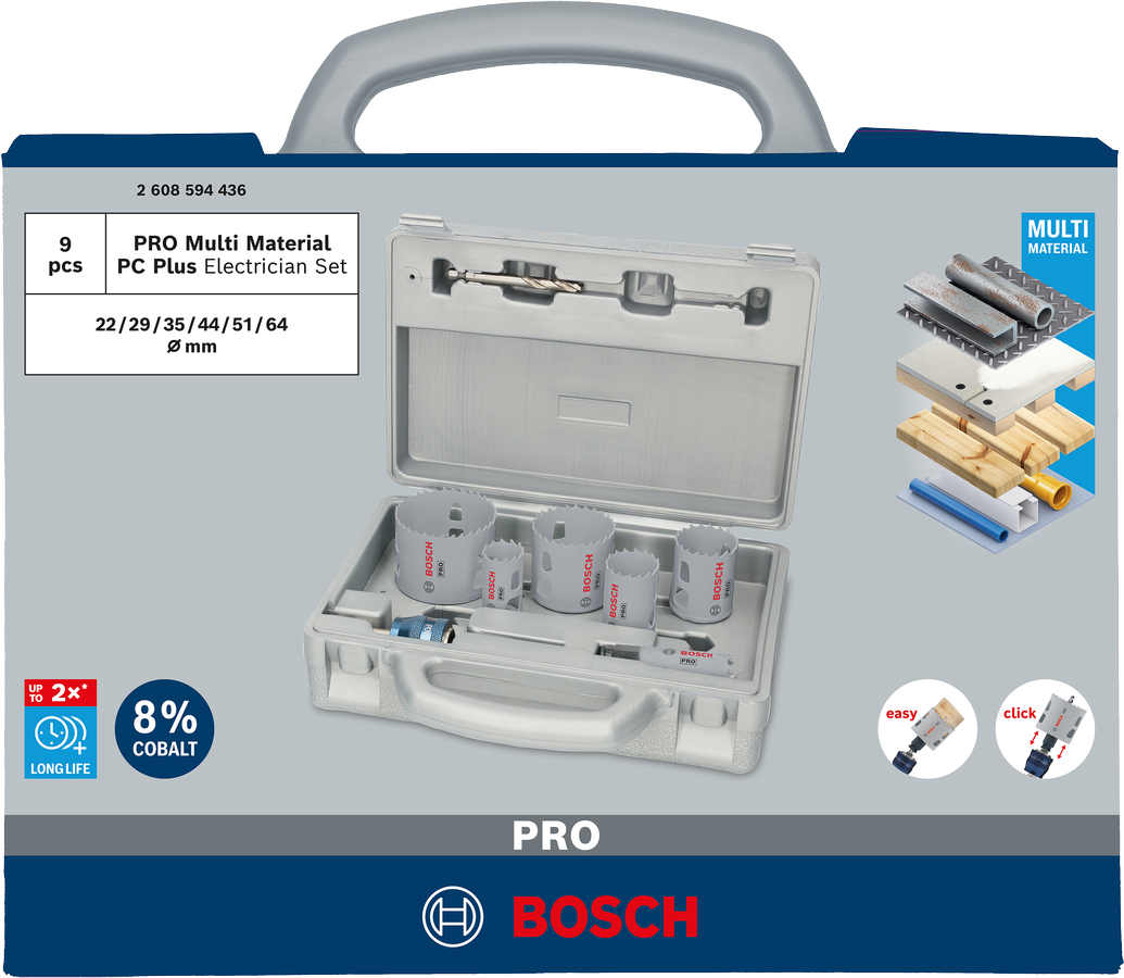 Bosch PRO Multi Material PC Plus Lochsägen-Set, 20, 29, 64 mm, 9-tlg.