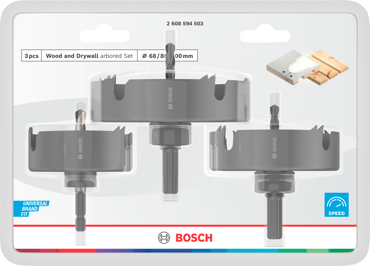 Bosch Wood and Drywall Lochsägen-Set mit Aufsteckhalter und Zentrierbohrer, 22; 25; 29; 35; 38; 44; 51; 68 x 15 mm
