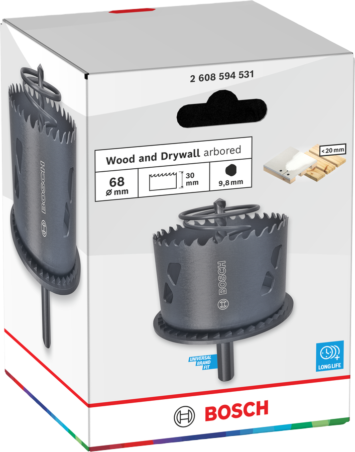 Bosch Wood and Drywall Lochsäge mit Aufsteckhalter und Randsenker, 68 x 30 mm