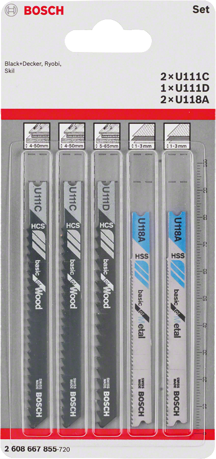 Bosch 5-teiliges Stichsägeblatt-Set Wood and Metal, U-Schaft