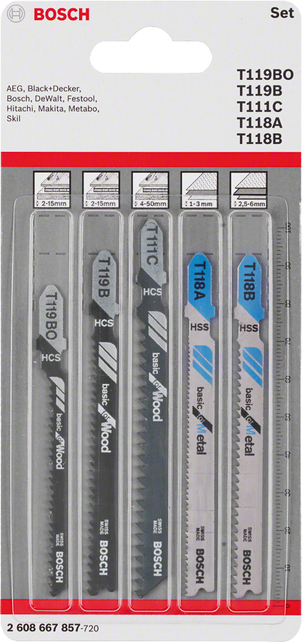 Bosch 5-teiliges Stichsägeblatt-Set Wood and Metal Basic, T-Schaft