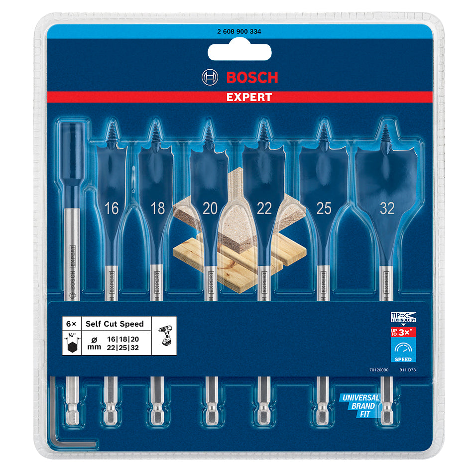 Bosch EXPERT Self Cut Speed Flachfräsbohrer + Verlängerung Set, 16-32mm, 7-tlg.