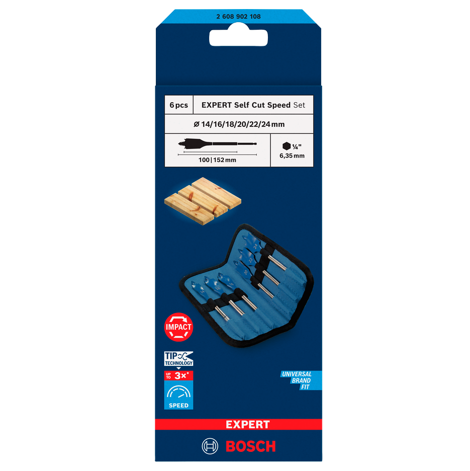 Bosch EXPERT Self Cut Speed Flachfräsbohrer-Set, 14/16/18/20/22/25/24/32, 6‑teilig