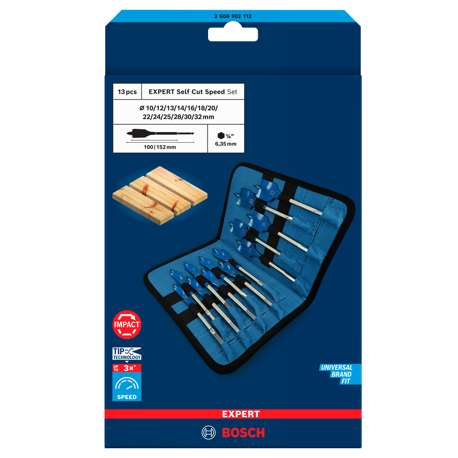 Bosch EXPERT Self Cut Speed Flachfräsbohrer-Set, 10/12/13/14/16/18/20/22/24/25/28/30/32, 13-teilig