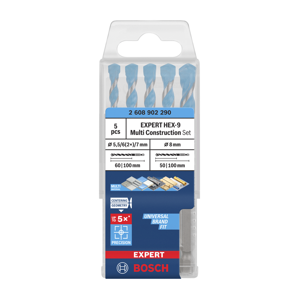 Bosch EXPERT HEX-9 Multi Construction Bohrer-Set, 5,5 x 60 x 100; 6 x 60 x 100; 6 x 60 x 100; 7 x 60 x 100; 8 x 50 x 100 mm, 5-teilig