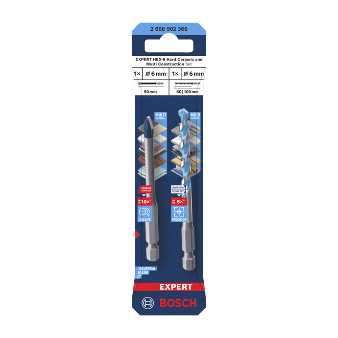 Bosch EXPERT HEX-9 Hard Ceramic + EXPERT HEX-9 Multi Construction Bohrer Set, 6 mm, 2-tlg.