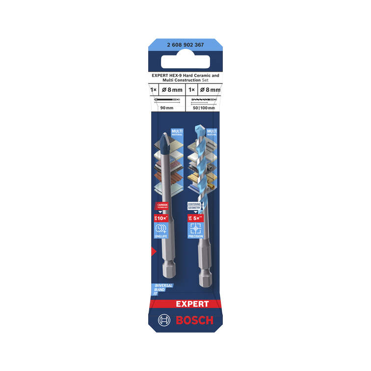 Bosch EXPERT HEX-9 Hard Ceramic + EXERT HEX-9 Multi Construction Bohrer Set, 8 mm, 2-tlg.