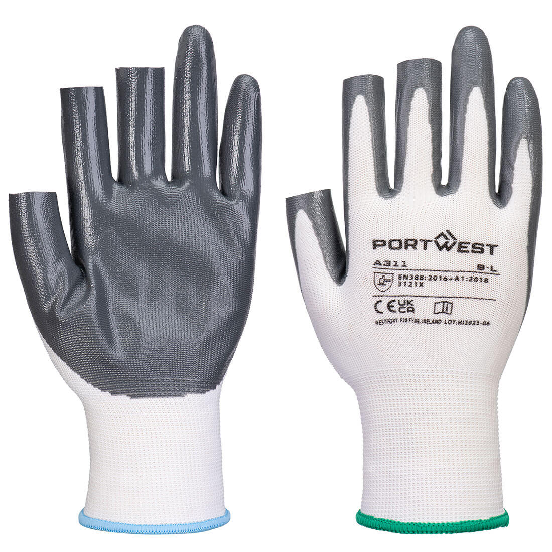 Grip 13 Nitril 3 Fingerlose Handschuhe (Pk12) - Weiss/Grau (W7R)