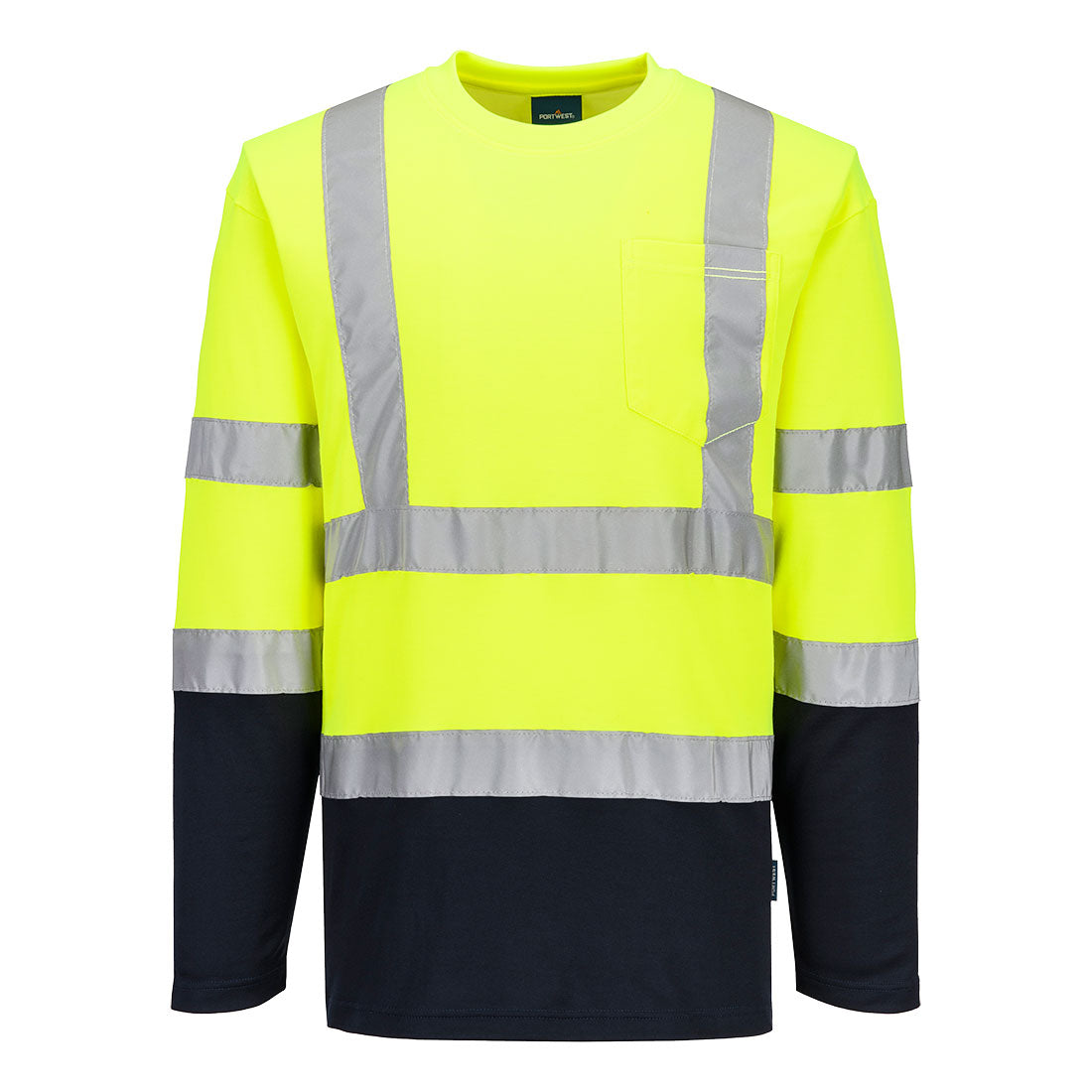 Hi-Vis Cotton Comfort Kontrast T-Shirt Langarm - Gelb/Marine (YNR)