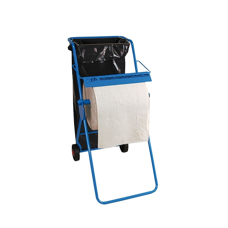 Bodenständer zetMatic® für Putztuchrollen mit Abfallsackhalterung, blau, bis 420 mm Rollenbreite