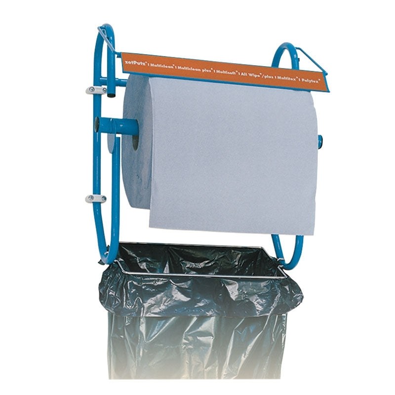 Wandhalterung zetMatic® für Putztuchrollen mit Abfallsackhalterung, blau, bis 420 mm Rollenbreite